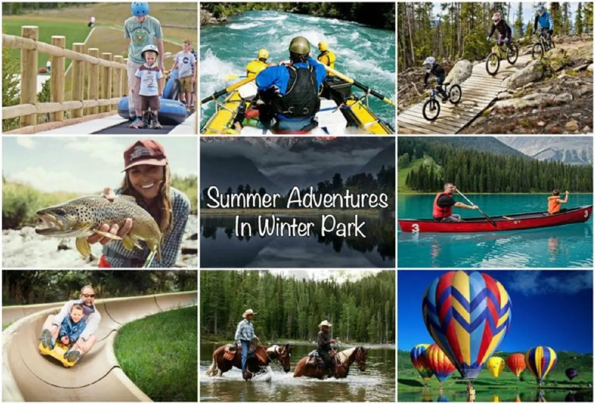A dynamic composite showcasing families and friends partaking in various outdoor activities including rafting, biking, horseback riding, and water sports, all set against scenic natural backdrops.
