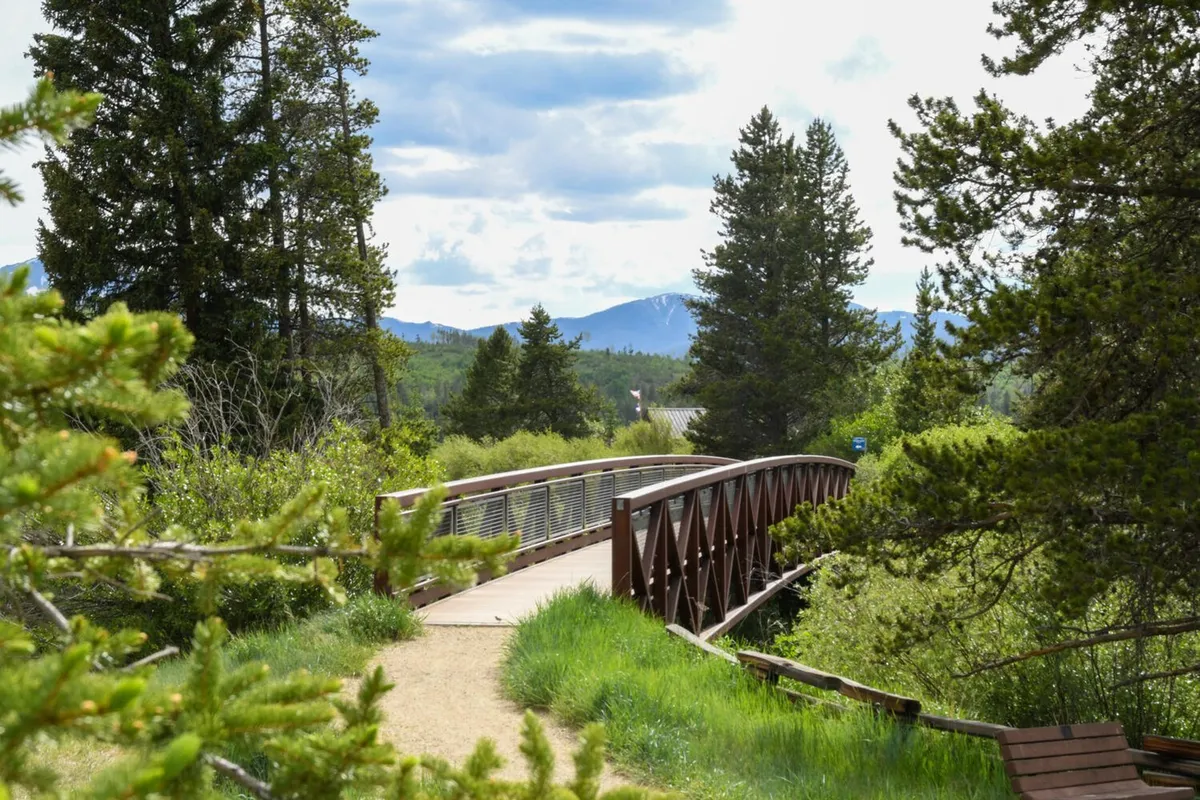 A serene outdoor scene featuring a wooden bridge surrounded by lush trees and mountains—an inviting pathway for hikers and bikers, highlighting the beauty of nature accessible from the property.