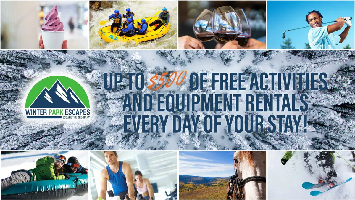 A dynamic collage showcasing a range of seasonal outdoor activities such as white-water rafting, skiing, golfing, horseback riding, sleigh rides, and communal experiences amid beautiful mountain scenery.