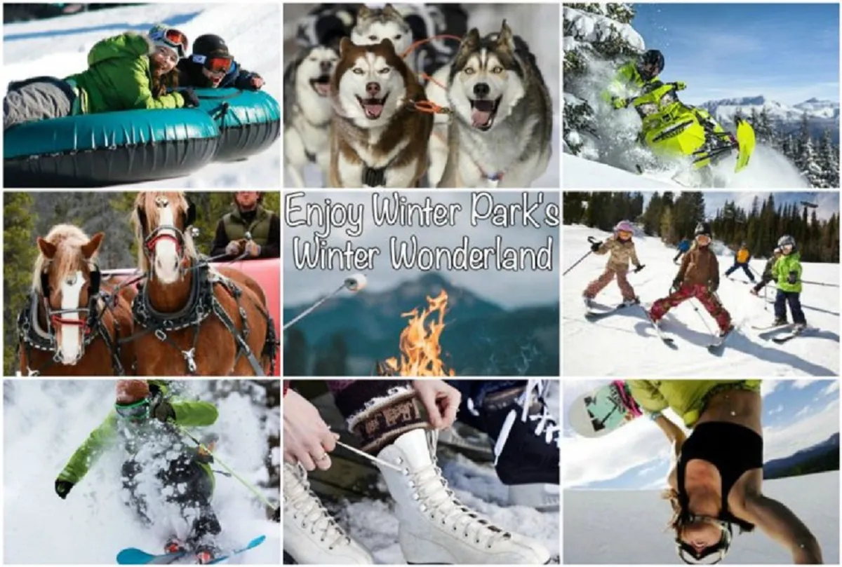 A lively winter scene featuring people tubing down snowy hills, huskies pulling sleds, children playing in the snow, skiers and snowboarders descending the slopes, and a group gathered around a fire pit amid a pristine snowy landscape.