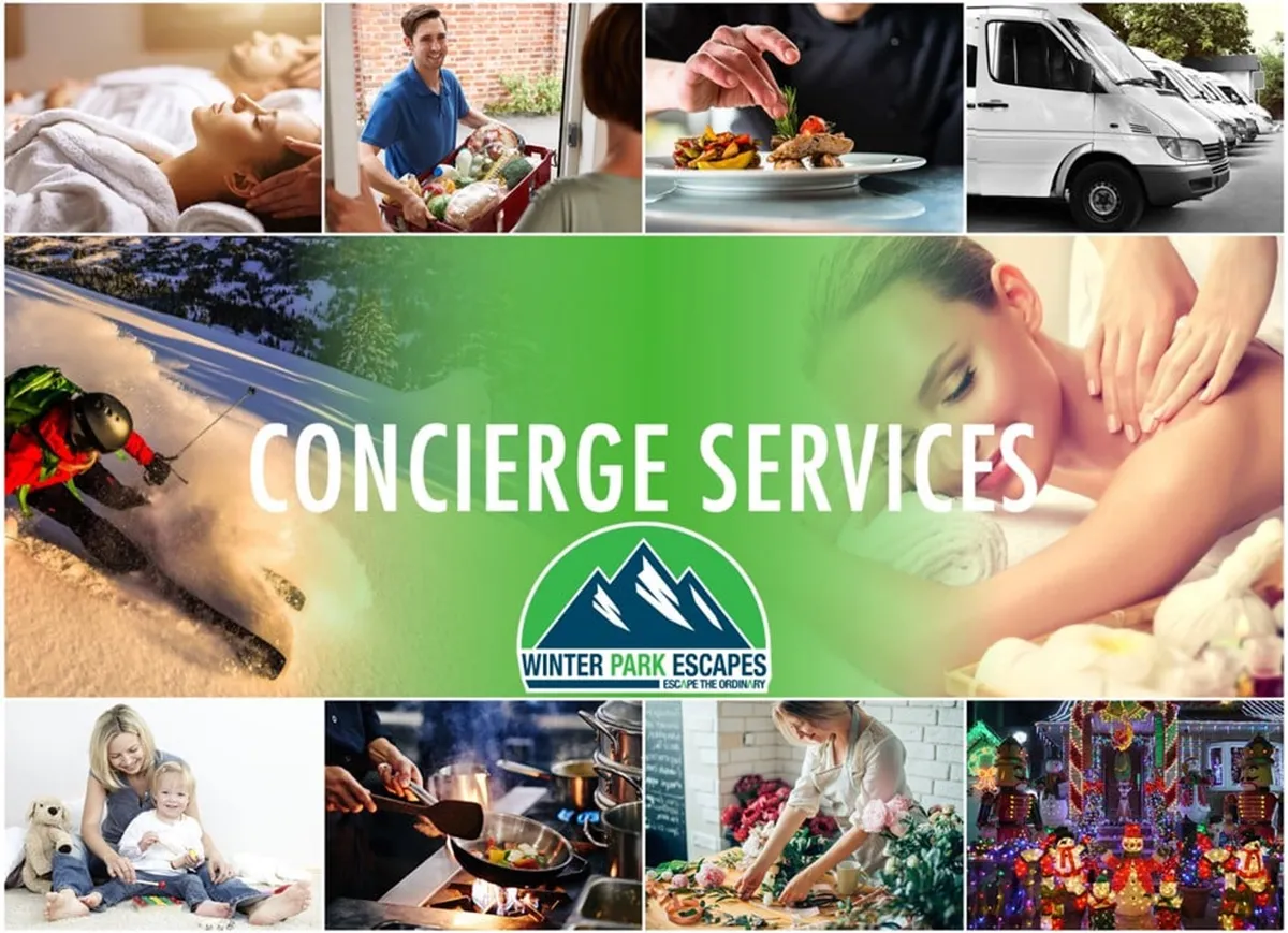 A collage image displaying text about concierge services and various service-themed images, including skiing, relaxing with spa services, cooking, family time, and transportation, showcasing luxury amenities and activities available to guests.